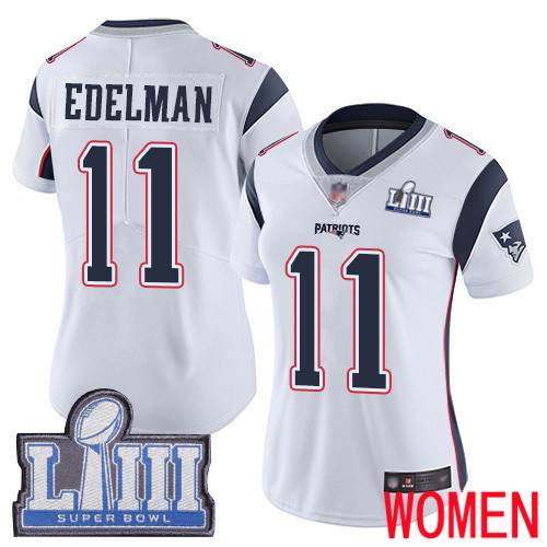 New England Patriots Football #11 Super Bowl LIII Limited White Women Julian Edelman Road NFL Jersey